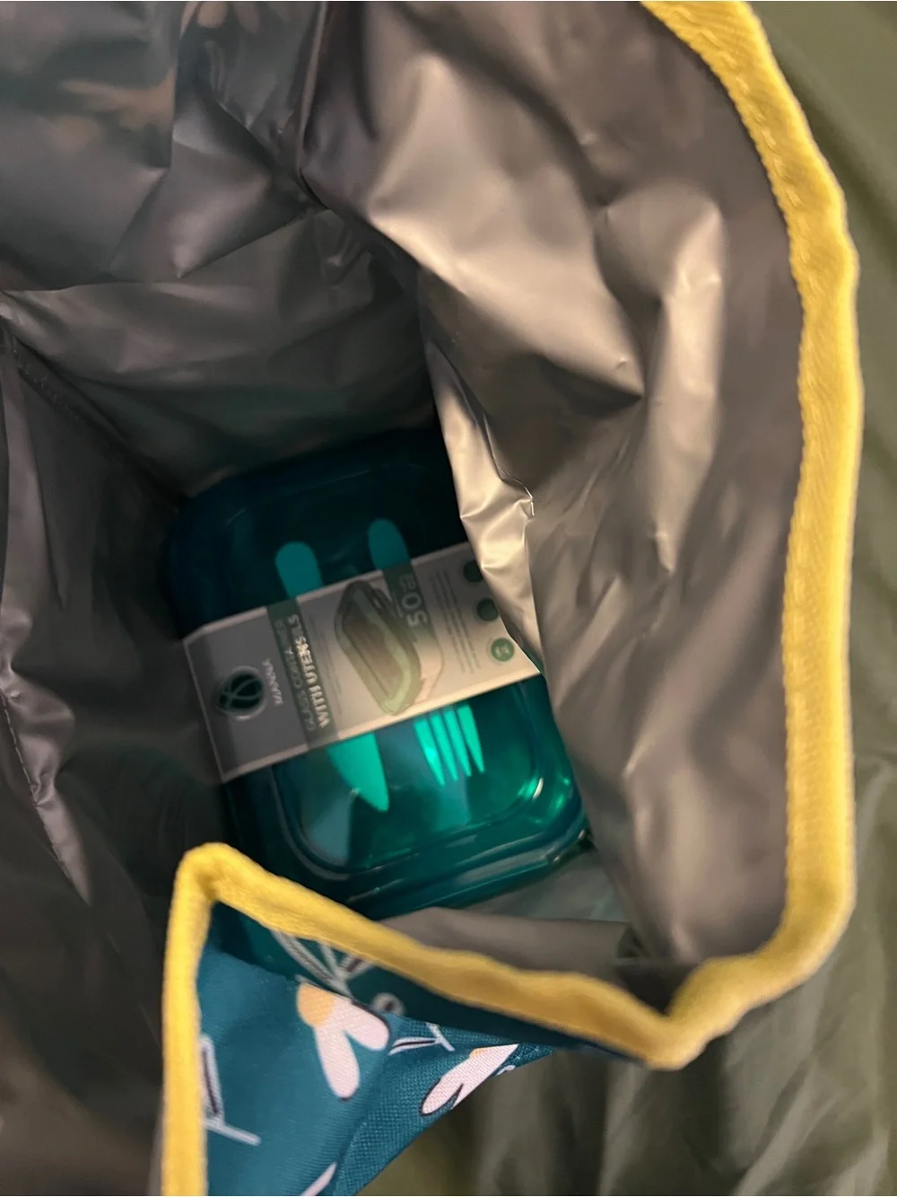 Manna Teal Floral Lunch Tote with Yellow Strap and Teal Blue Glass Lunchbox